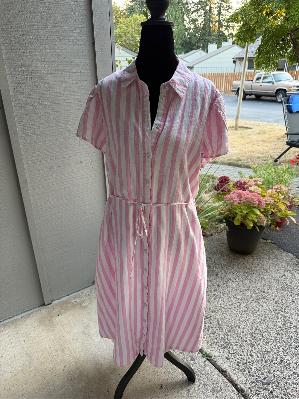 Draper James Pink and White Striped Button-Front Midi Dress